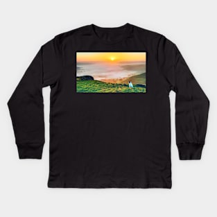 dog watching the sunrise at a misty Hope Valley, Castleton, Derbyshire,UK Kids Long Sleeve T-Shirt